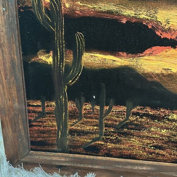 Vintage Desert Sunset Black Velvet Painting Wooden Framed Desert Landscape - Picture 8 of 17